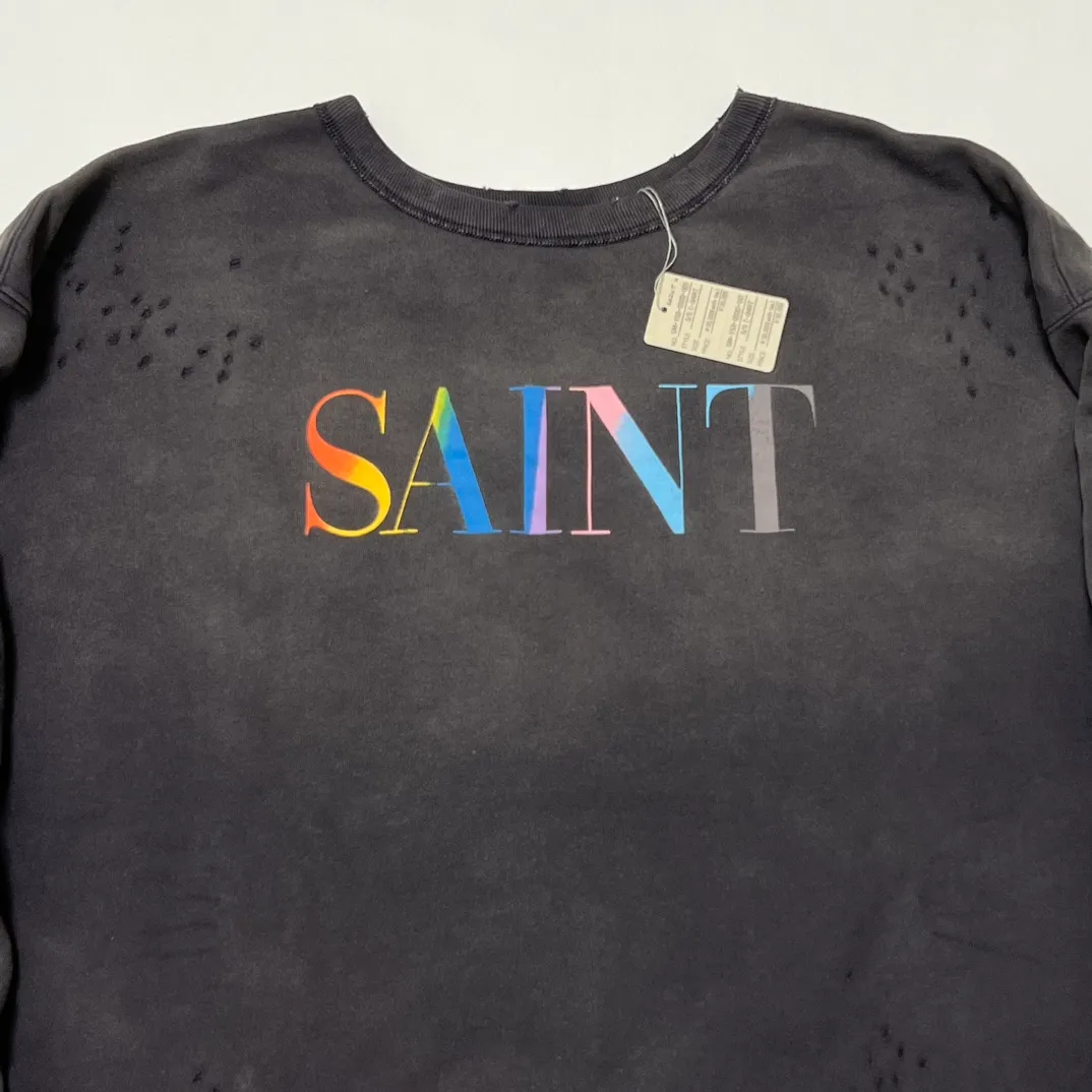 SAINT Mxxxxxx CREW NECK SWT SHIRTS 'RAINBOW SNT'/BLK Rainbow SAINT destruction sweatshirt, washed black S-XL Assute dyeing, genuine whole garment sprayed with horsetail fading process, collar/cuffs frayed in many places, front and rear panels/sleeves super complicated hanging grinding, heavy washing and water discoloration, correct fruit mark/angel mark